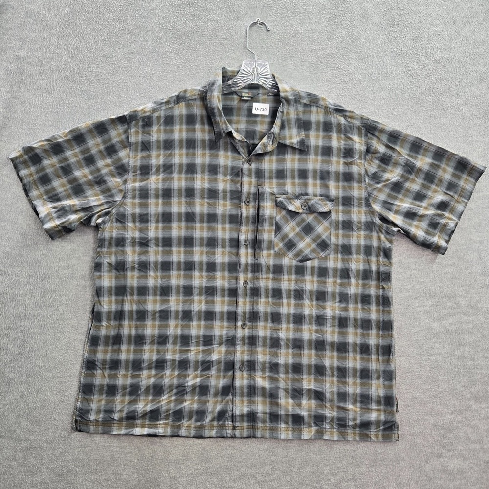 royal Robbins Men Button Up Shirt 2XL Gray Plaid Utility Pockets Outdoor Hiking